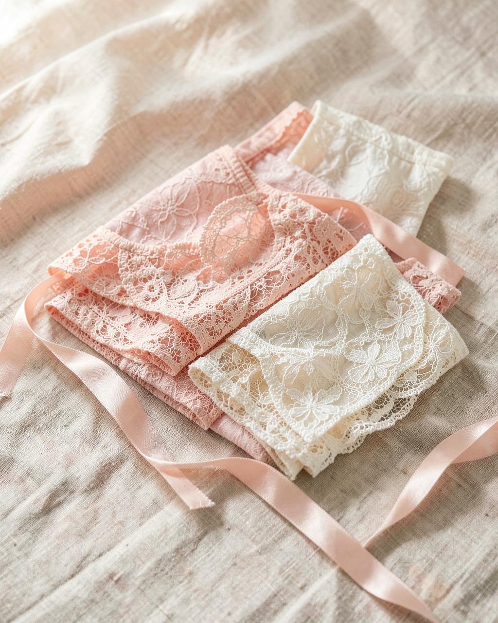 Peças de lingerie delicadas em tons rosé e marfim dobradas sobre linho